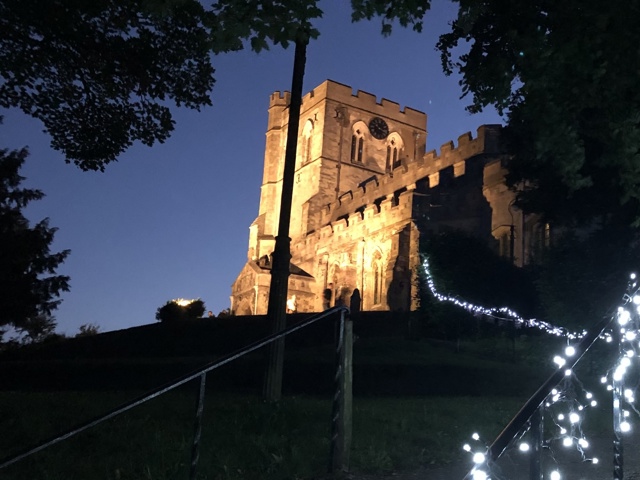 The church floodlit